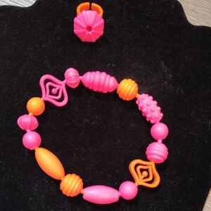 🆕2PC Vibrant Pink Orange Custom Stress Pop Bracelet w Matching Ring